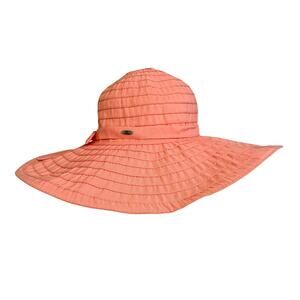 Scala Collezione Sun Hat Coral Pink Wide Brim Ribbon Summer Travel Beach Cottage